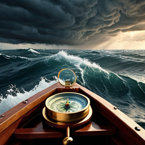 ** A person calmly navigating a stormy sea in a small boat, using an inner compass that glows brightly. Focus on the contrast between the turbulent sea and the person's serene expression and the compass's light.

**