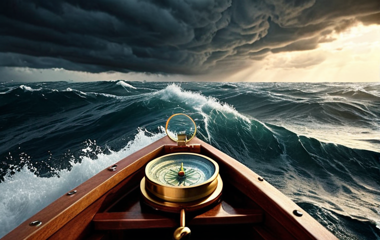 ** A person calmly navigating a stormy sea in a small boat, using an inner compass that glows brightly. Focus on the contrast between the turbulent sea and the person's serene expression and the compass's light.

**