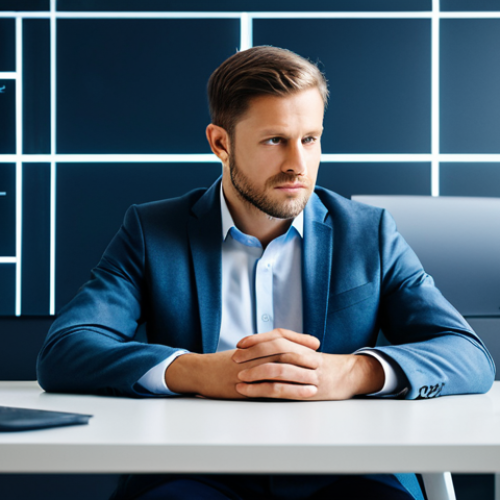 A focused professional, fully clothed in a modest business casual outfit, sits calmly at a sleek modern desk. Subtle, soft glowing digital interface elements float abstractly around them, symbolizing information flow and the digital age. Their expression is contemplative and composed, embodying clarity and control amidst the complexities of uncertainty. The background shows a sophisticated, blurred office environment. High-quality professional photography, natural pose, perfect anatomy, correct proportions, well-formed hands, proper finger count, natural body proportions, safe for work, appropriate content, family-friendly, professional image.