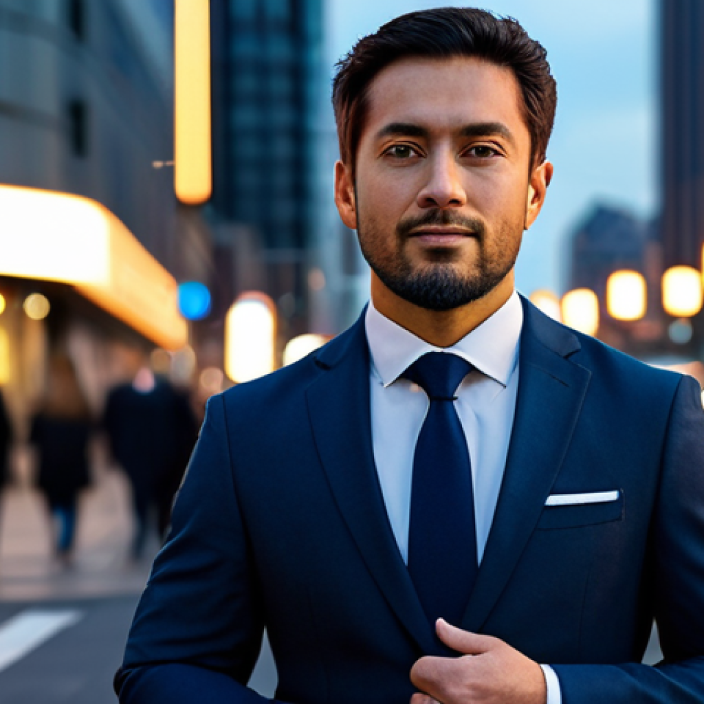 A focused professional in their early 30s, dressed in a contemporary business suit, fully clothed, modest clothing. They stand confidently amidst a subtly blurred backdrop of a modern, bustling city street at dusk, conveying a sense of inner peace and resilience despite the dynamic environment. Professional photography, soft, warm ambient light, cinematic quality, perfect anatomy, correct proportions, natural pose, well-formed hands, proper finger count, natural body proportions, high quality, safe for work, appropriate content, fully clothed, professional, family-friendly.