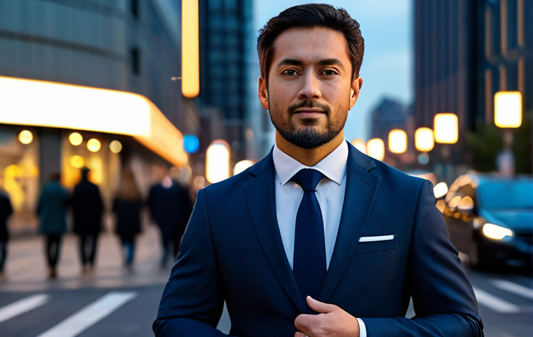 A focused professional in their early 30s, dressed in a contemporary business suit, fully clothed, modest clothing. They stand confidently amidst a subtly blurred backdrop of a modern, bustling city street at dusk, conveying a sense of inner peace and resilience despite the dynamic environment. Professional photography, soft, warm ambient light, cinematic quality, perfect anatomy, correct proportions, natural pose, well-formed hands, proper finger count, natural body proportions, high quality, safe for work, appropriate content, fully clothed, professional, family-friendly.