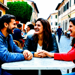 Home 9 A Group of Friends Supporting Each Other**
A group of four fully clothed Italian friends, two women and two men, are sitting at an outdoor cafe in Rome, laughing and talking. One woman is visibly upset, and her friends are offering her comfort and support; placing hands on her shoulder and offering caring words. The cafe is bustling with activity in the background, showcasing a vibrant Roman scene. Everyone is fully clothed in appropriate attire. Safe for work, appropriate content, family-friendly, perfect anatomy, natural proportions, professional photography, bright and cheerful colors, well-formed hands.
**