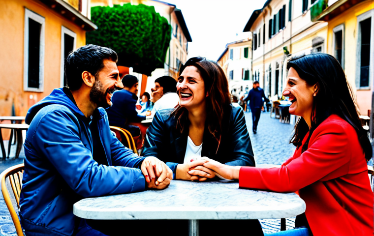 A Group of Friends Supporting Each Other**
A group of four fully clothed Italian friends, two women and two men, are sitting at an outdoor cafe in Rome, laughing and talking. One woman is visibly upset, and her friends are offering her comfort and support; placing hands on her shoulder and offering caring words. The cafe is bustling with activity in the background, showcasing a vibrant Roman scene. Everyone is fully clothed in appropriate attire. Safe for work, appropriate content, family-friendly, perfect anatomy, natural proportions, professional photography, bright and cheerful colors, well-formed hands.
**