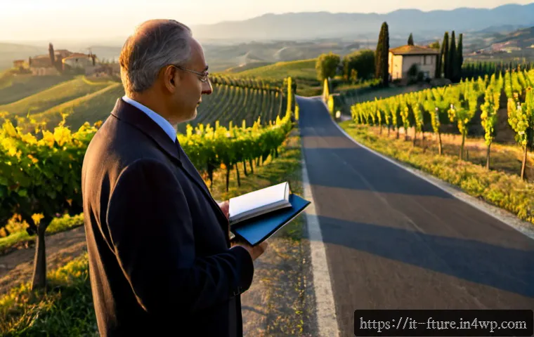 Home 10 불확실한 미래에서의 선택의 중요성 - Photorealistic Italian professional in their early 40s standing at a quiet crossroads in the Tuscan ...