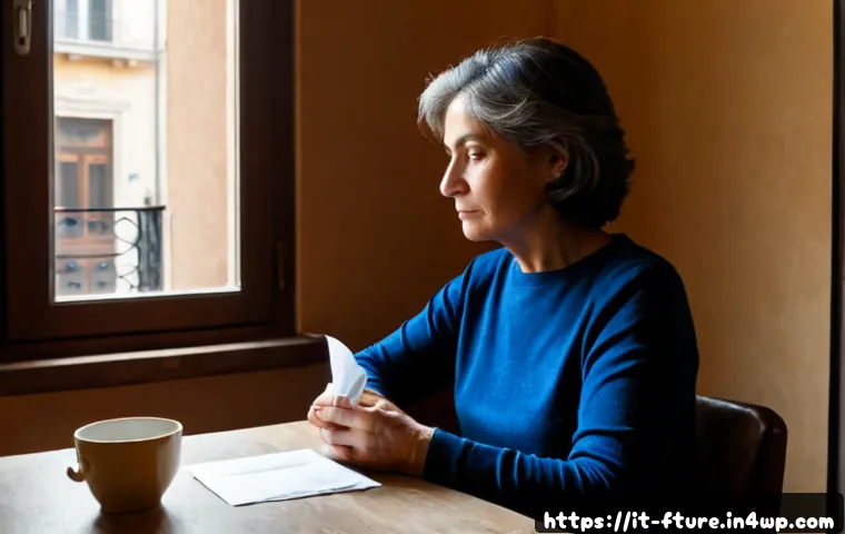 Home 17 미래 불확실성을 받아들이는 과정 - Photorealistic Italian woman in her early 50s sitting calmly at a sunlit kitchen table in a modest M...